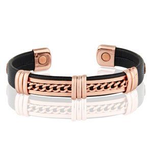 Link Design Pure Copper Leatherette Magnetic Bracelet Pain Relief Cuff Bangle